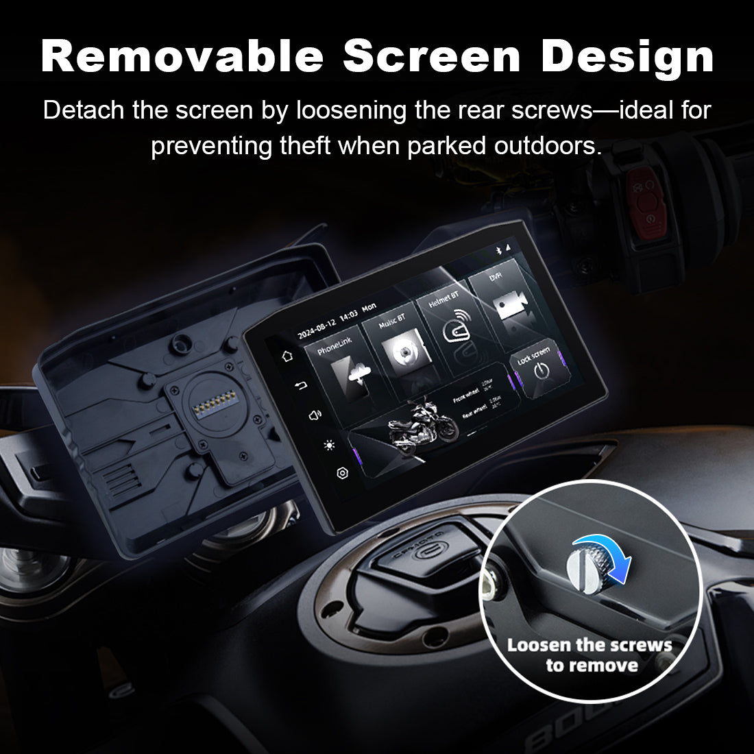Removable motorcycle display screen with anti-theft design for secure outdoor parking