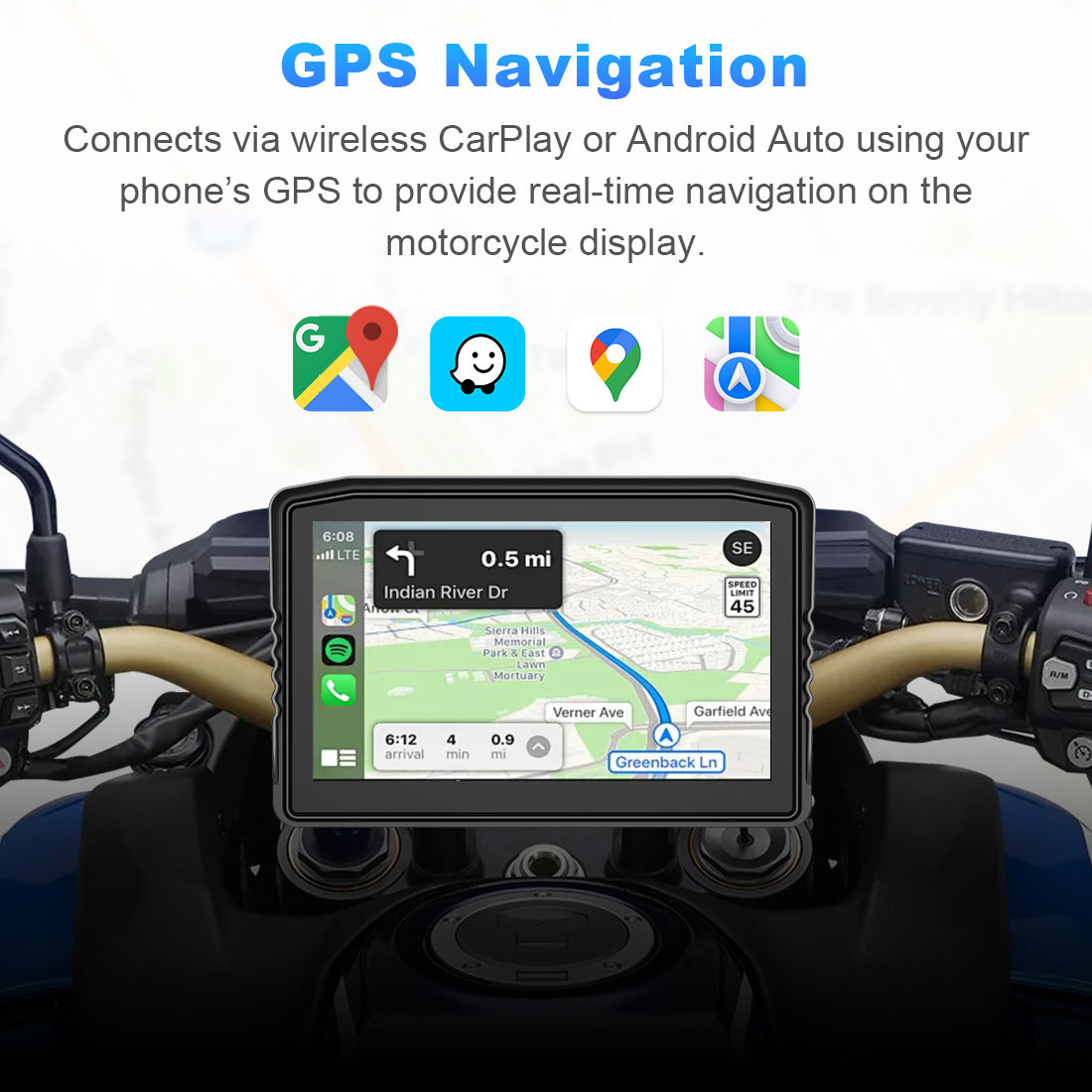 Motorcycle GPS screen showing real-time navigation via wireless CarPlay and Android Auto connection for hands-free riding