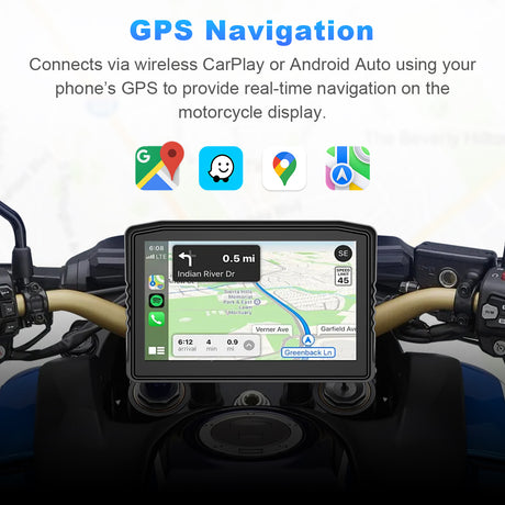 Motorcycle GPS screen showing real-time navigation via wireless CarPlay and Android Auto connection for hands-free riding