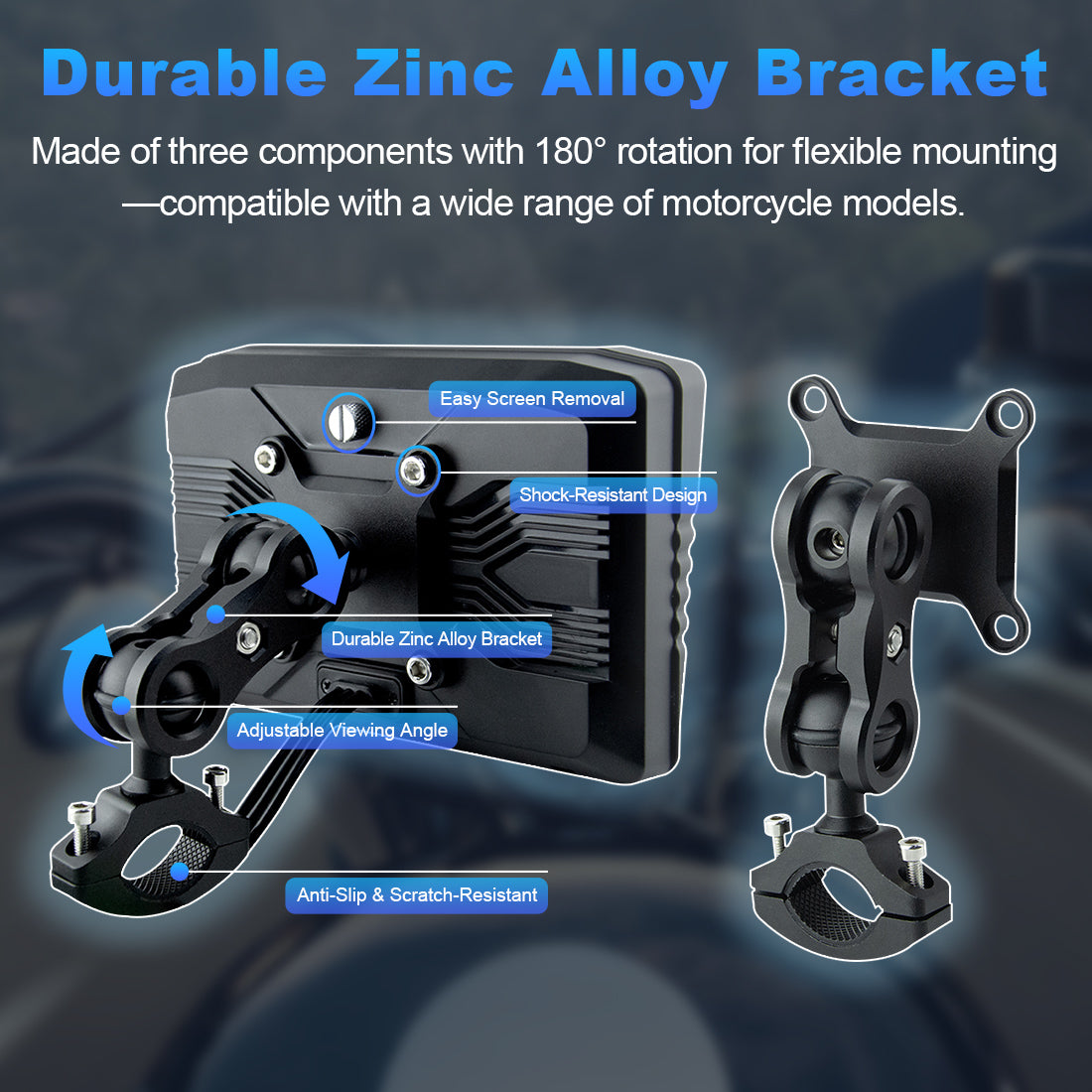 Zinc alloy motorcycle screen bracket with 180-degree adjustable mount for universal compatibility