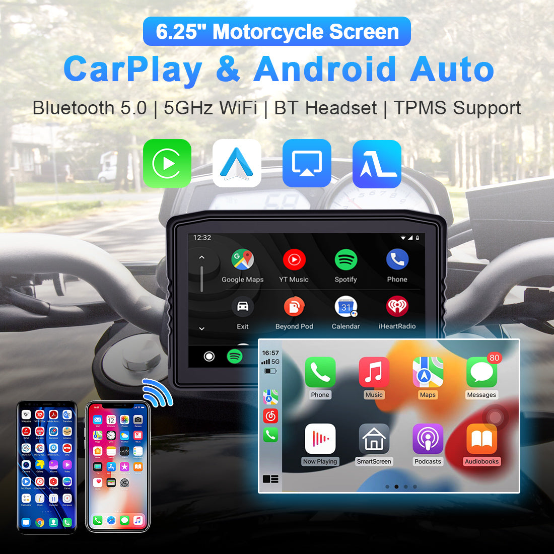 Linkifun™ MT8 6.2" Removable Motorcycle Navigation Screen with Wireless CarPlay & Android Auto (Optional DVR & TPMS)