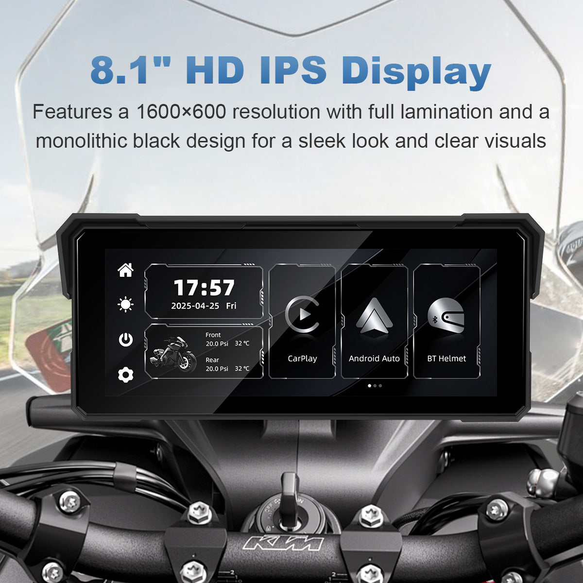 Linkifun™ MT81 8.1" Motorcycle Navigation Screen with Wireless CarPlay, Android Auto, Screen Mirroring (Optional TPMS)
