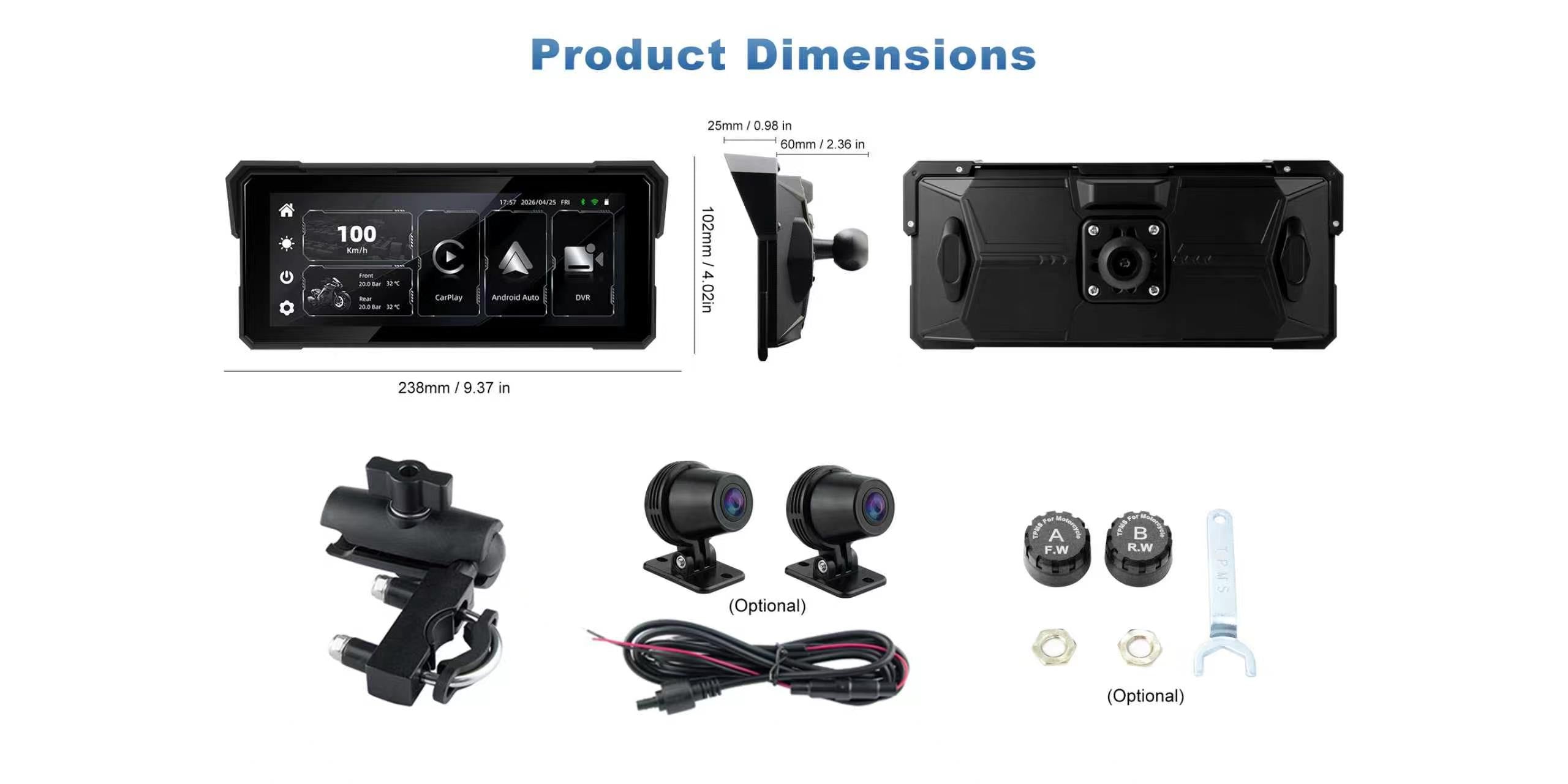 MT81 motorcycle navigation display dimension diagram showing screen size and mounting measurements for installation reference.