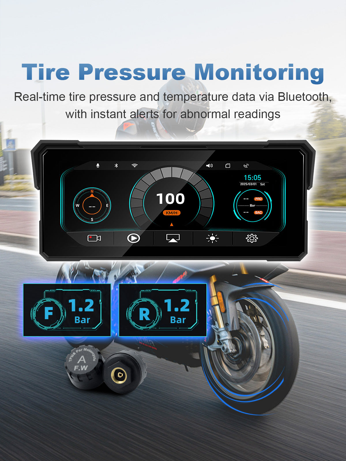 Motorcycle display supporting optional Bluetooth TPMS for real-time tire pressure and temperature monitoring with alert notifications.