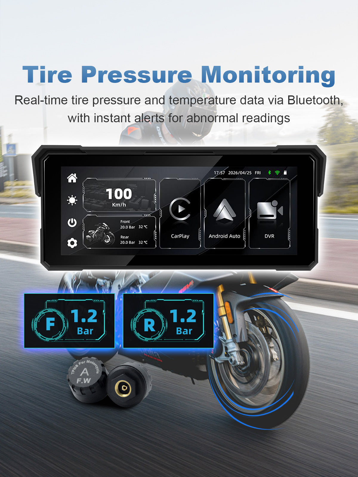 Motorcycle display supporting optional Bluetooth TPMS for real-time tire pressure and temperature monitoring with alert notifications.