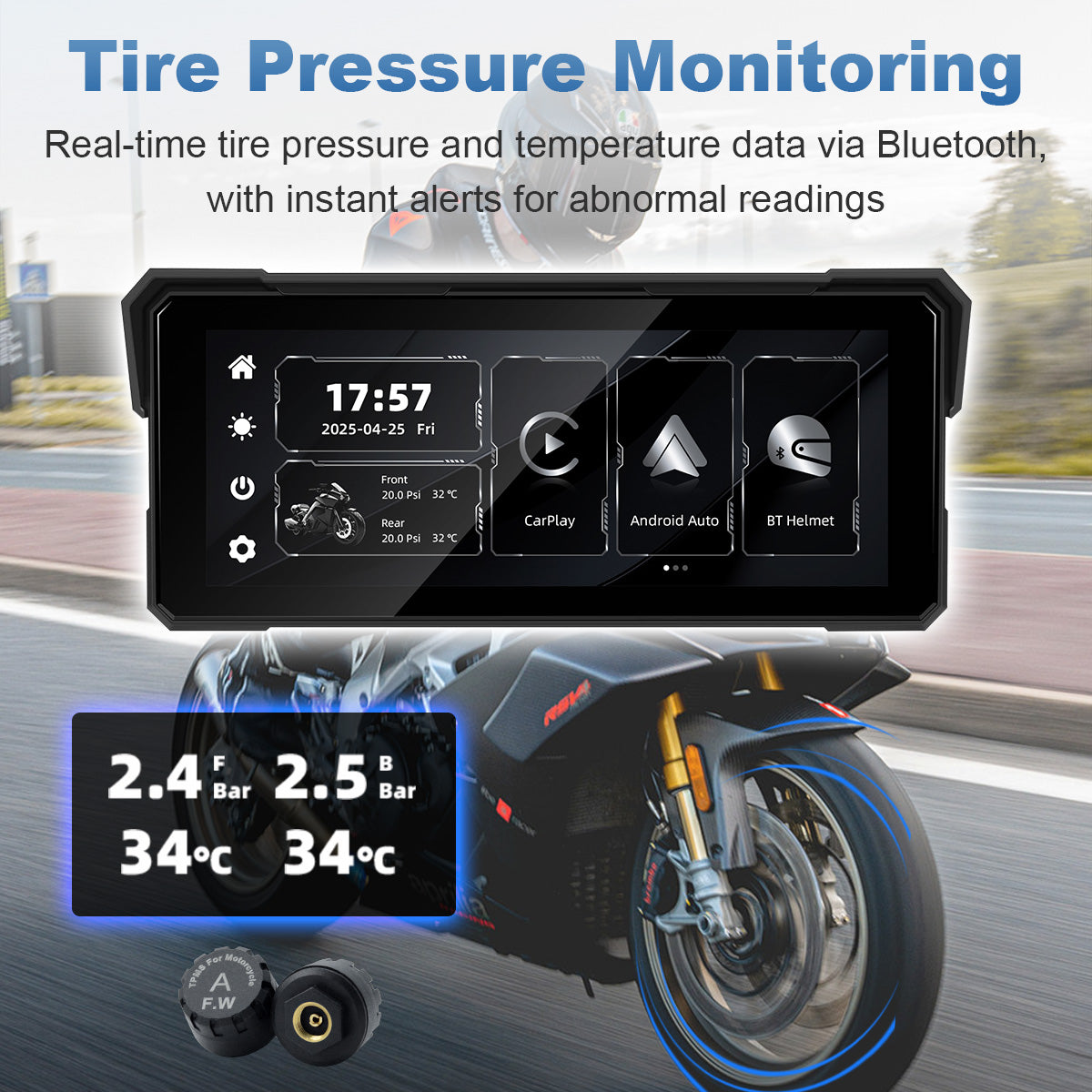 Linkifun™ MT81 8.1" Motorcycle Navigation Screen with Wireless CarPlay, Android Auto, Screen Mirroring (Optional TPMS)