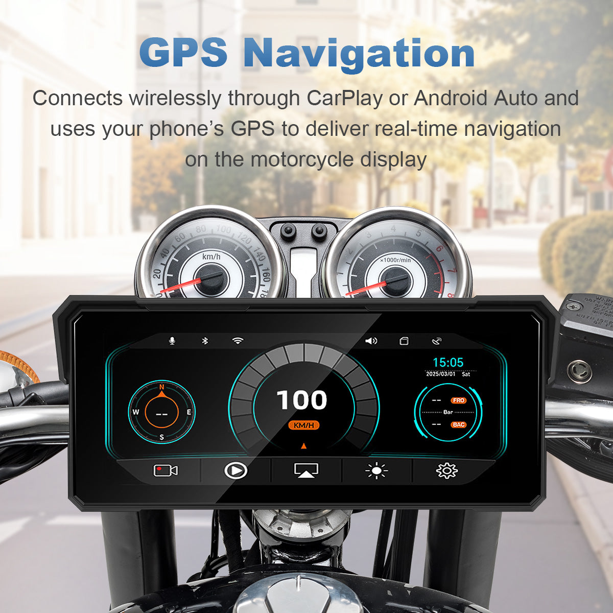 Linkifun™ MT81 8.1" Motorcycle CarPlay Navigation Screen with Wireless Android Auto, Screen Mirroring, Optional TPMS & DVR