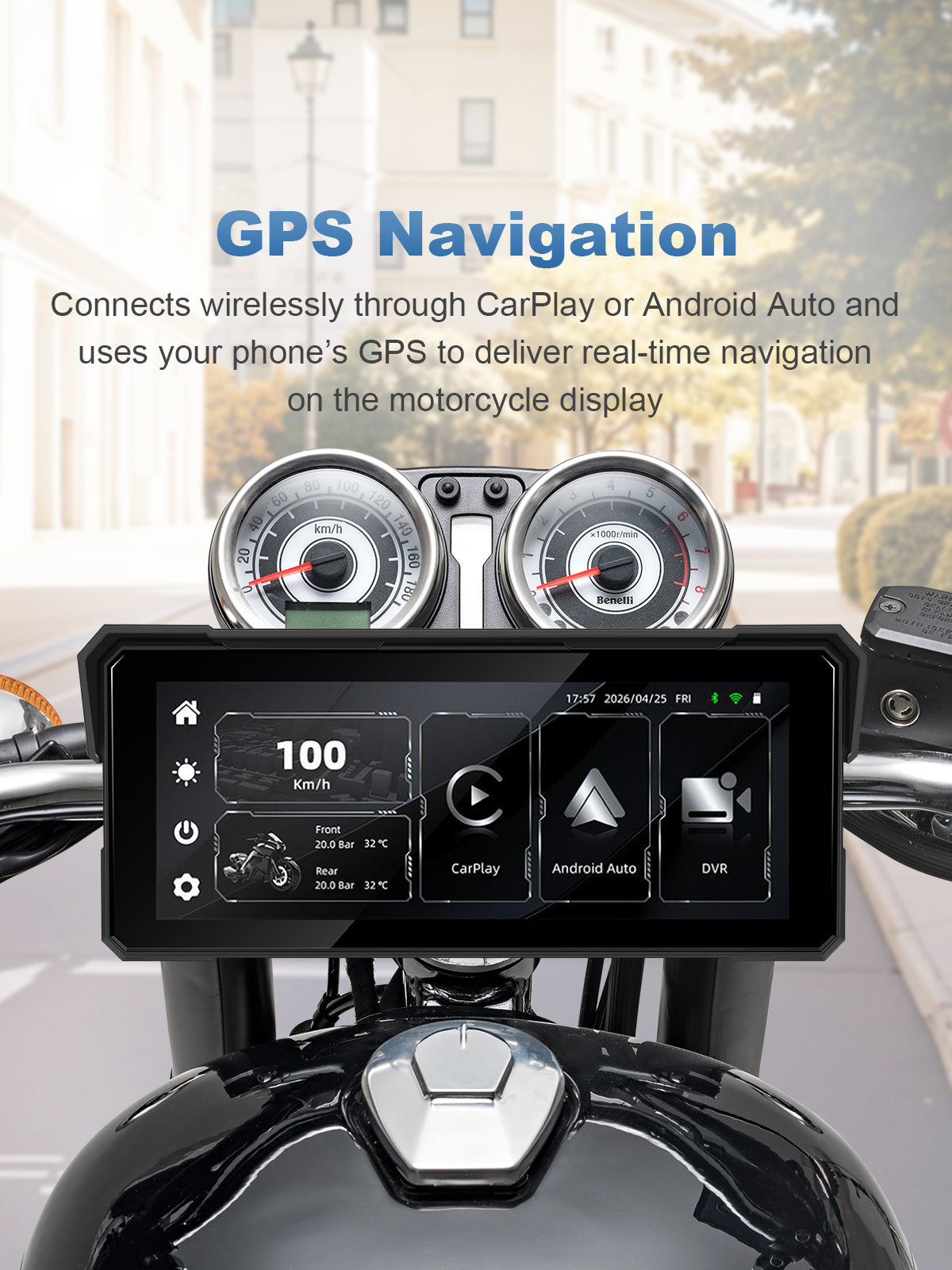 Motorcycle display showing wireless GPS navigation projection via CarPlay and Android Auto for hands-free route guidance.