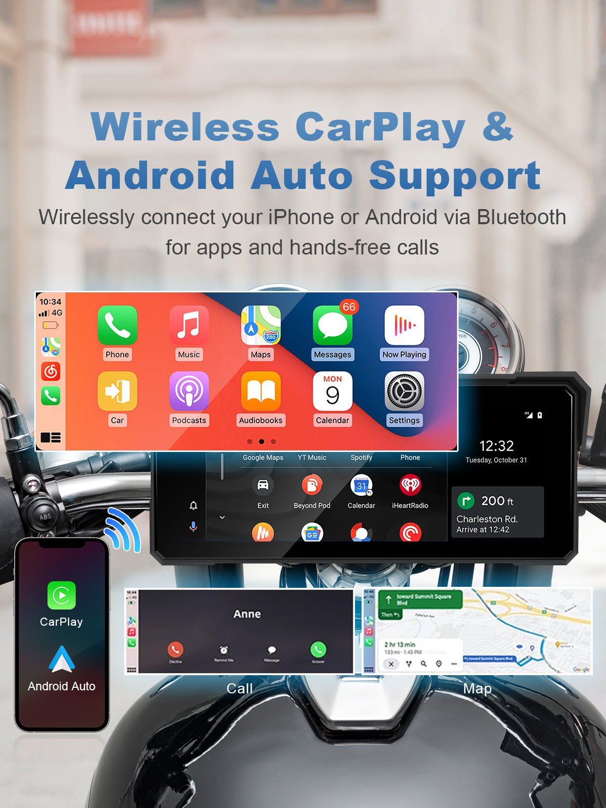 Linkifun MT81 motorcycle navigation screen with wireless CarPlay and Android Auto for navigation, music, calls, and voice control.