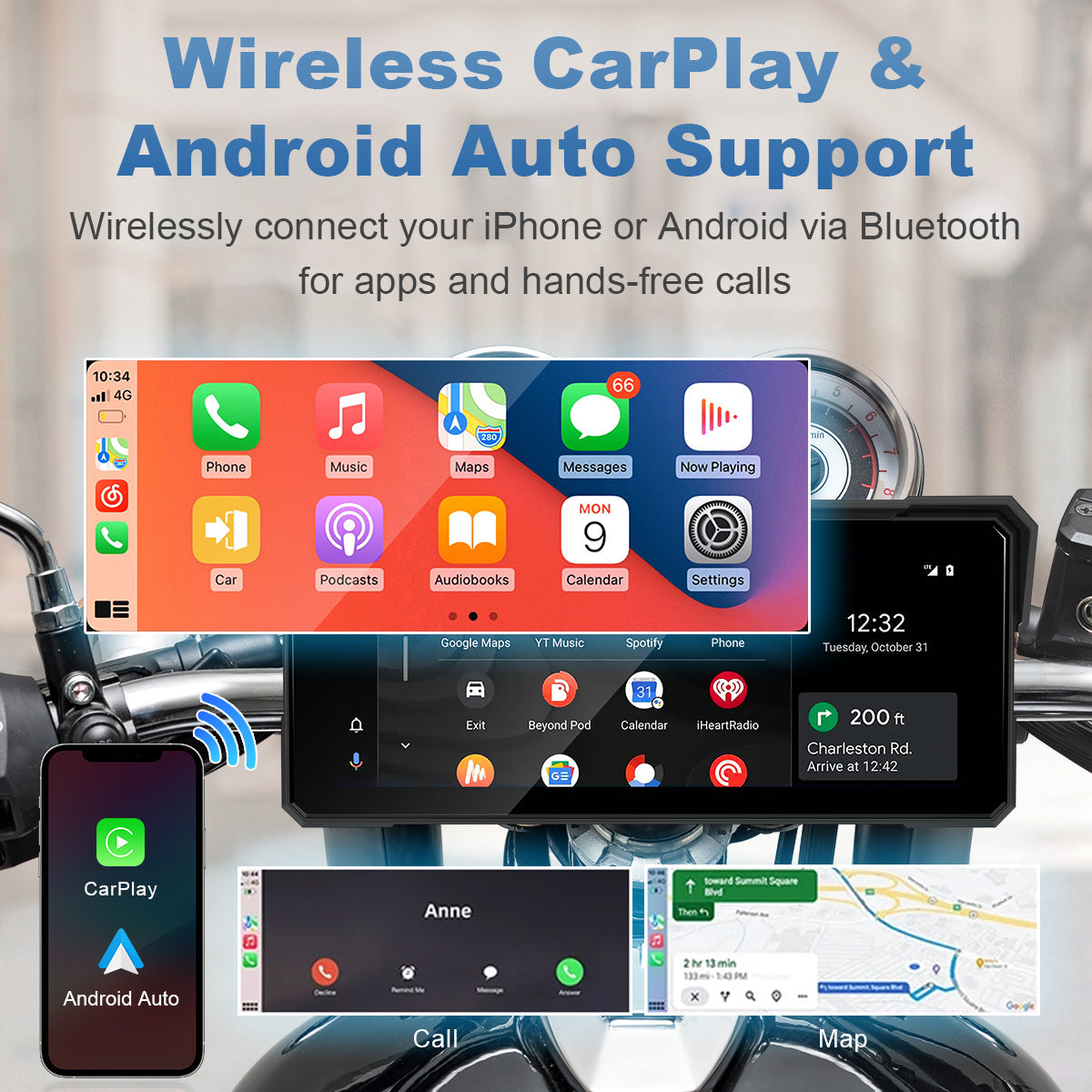 Linkifun™ MT81 8.1" Motorcycle Navigation Screen with Wireless CarPlay, Android Auto, Screen Mirroring (Optional TPMS)