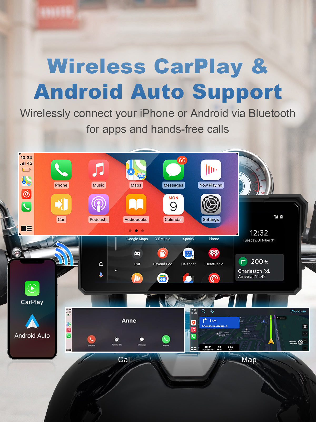 Linkifun MT81 motorcycle navigation screen with wireless CarPlay and Android Auto for navigation, music, calls, and voice control.