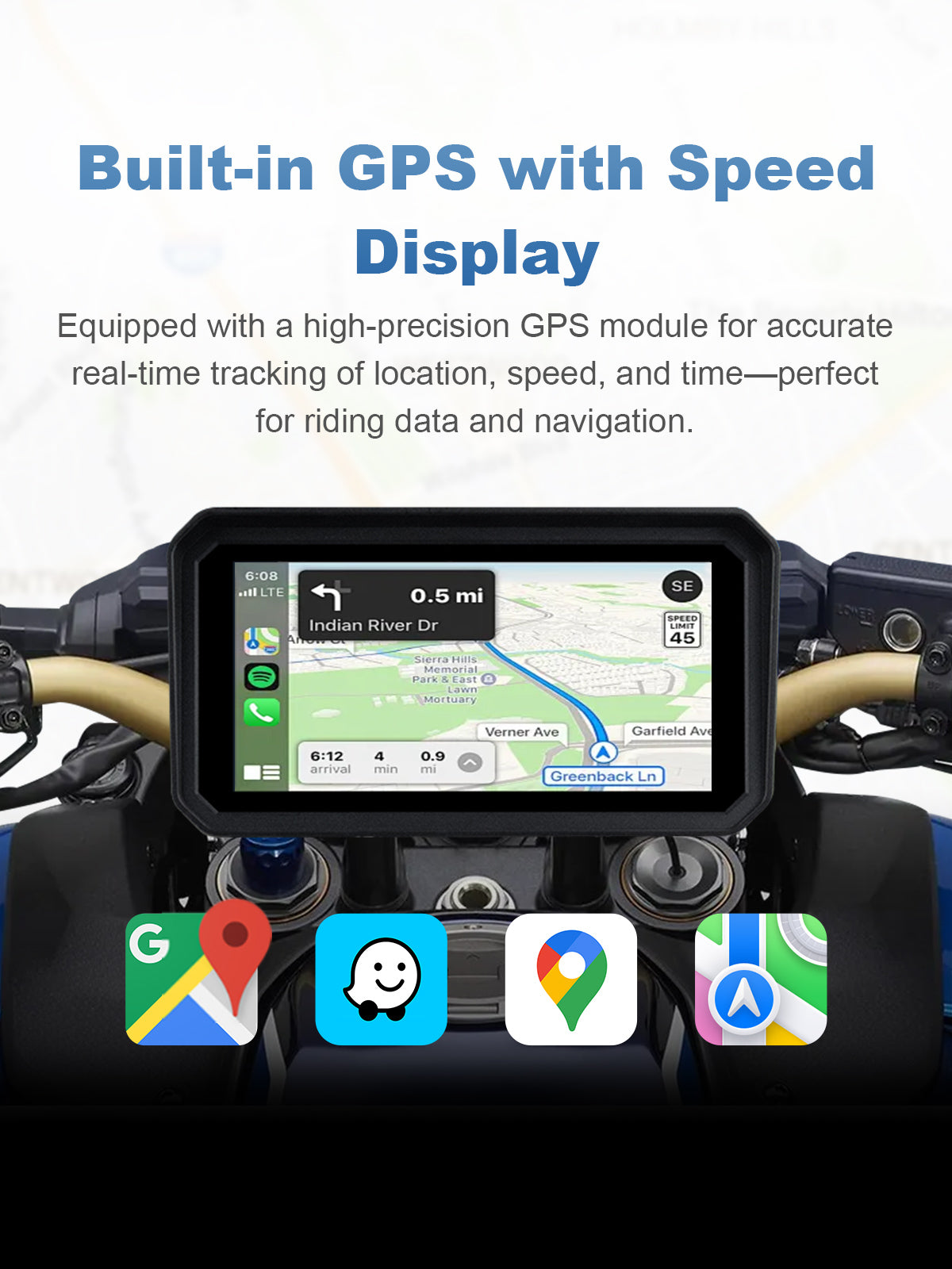 Linkifun MT9 motorcycle navigation display with built-in GPS for real-time speed, location tracking, ride time data, and offline navigation support