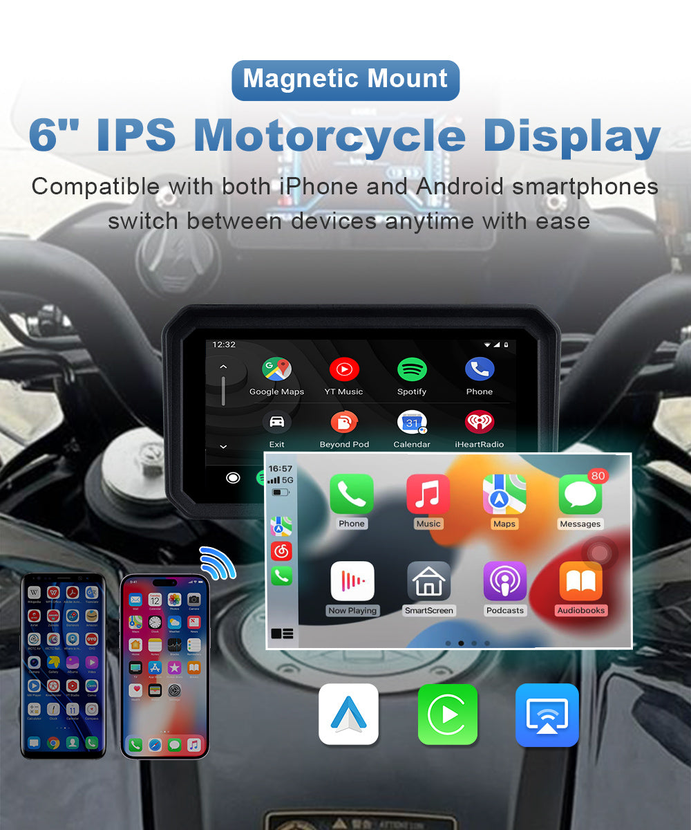 Linkifun MT9 motorcycle navigation display with wireless CarPlay and Android Auto for safer riding, hands-free navigation, music, calls, and voice assistant