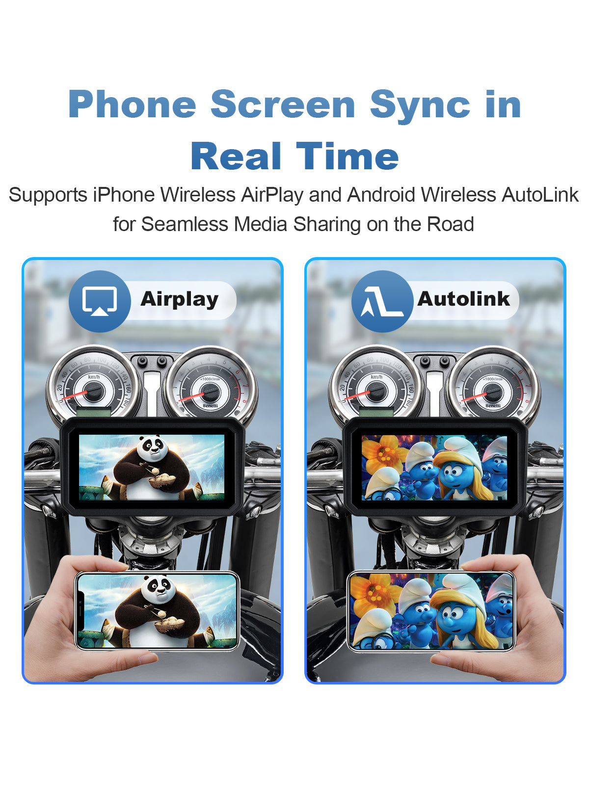 Linkifun MT9 motorcycle navigation display with wireless screen mirroring, supporting AirPlay for iPhone and AutoLink for Android to stream GPS, videos, and ride data