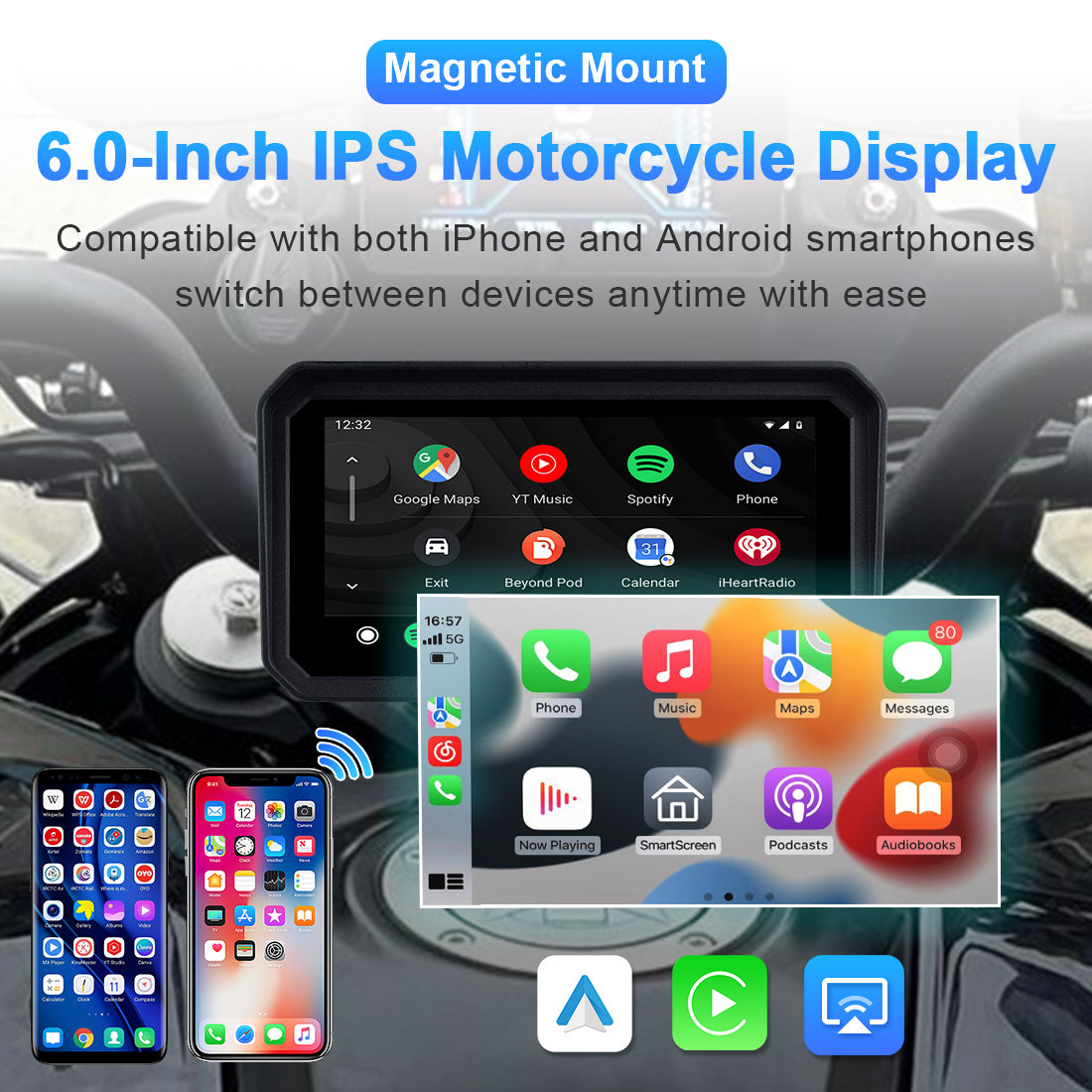 Motorcycle navigation screen with wireless Apple CarPlay and Android Auto for hands-free GPS, music streaming, and voice control