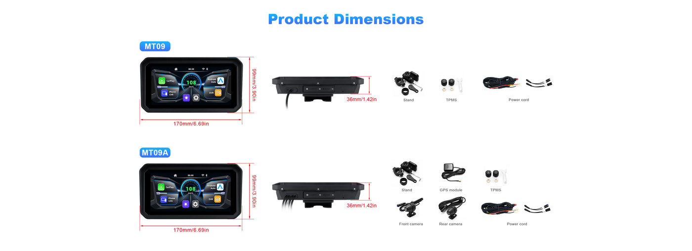 ize specifications and full package contents of the Linkifun MT9A motorcycle navigation screen, including accessories