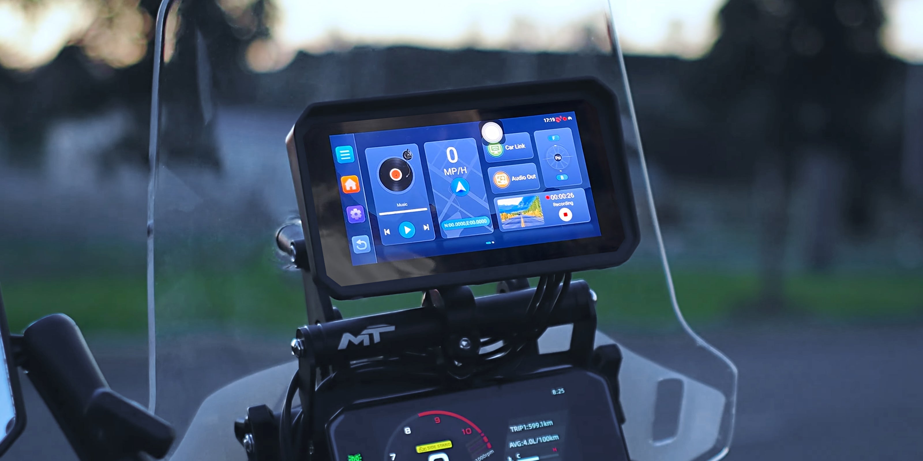 Linkifun Android system motorcycle screen series – desktop homepage banner featuring Android-powered motorcycle displays with Google Play apps, SIM card support, GPS navigation, and streaming capabilities