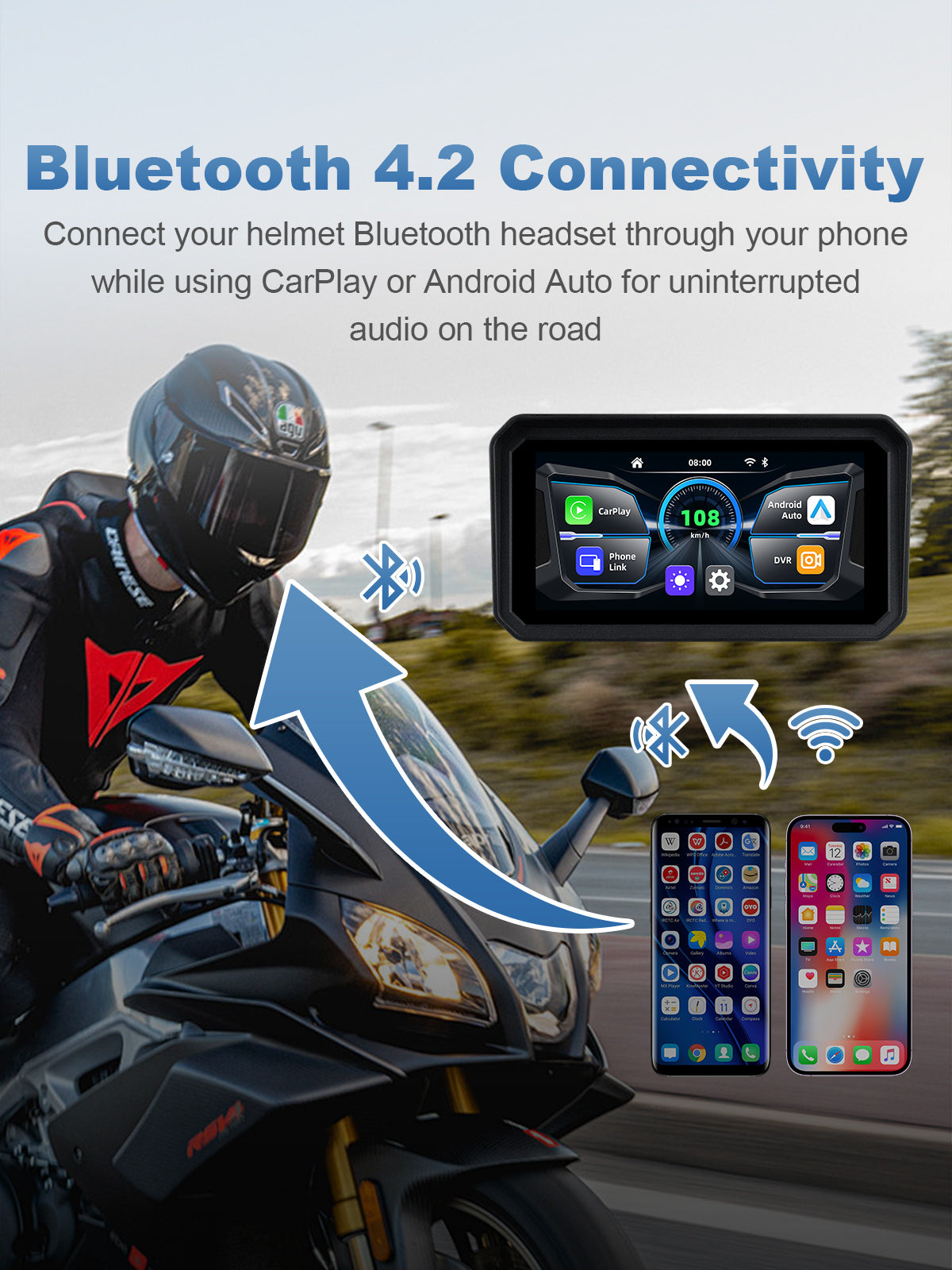 Linkifun MT9 motorcycle navigation display with Bluetooth 4.2 for seamless helmet audio integration, enabling navigation prompts, music streaming, and hands-free calls