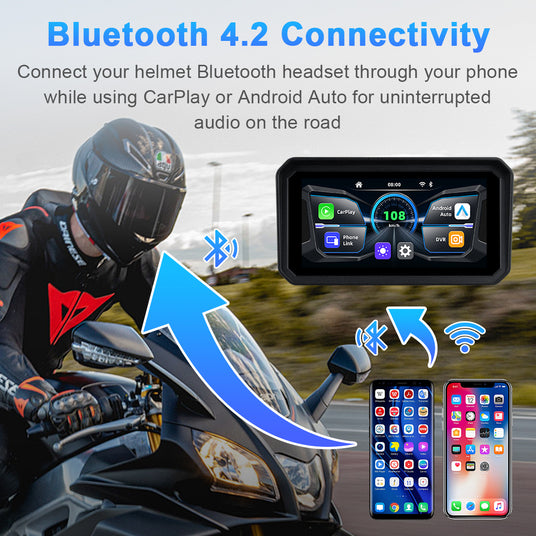 Motorcycle display with Bluetooth 5.0 for helmet headset integration, enabling hands-free calls, music playback, and navigation audio via smartphone