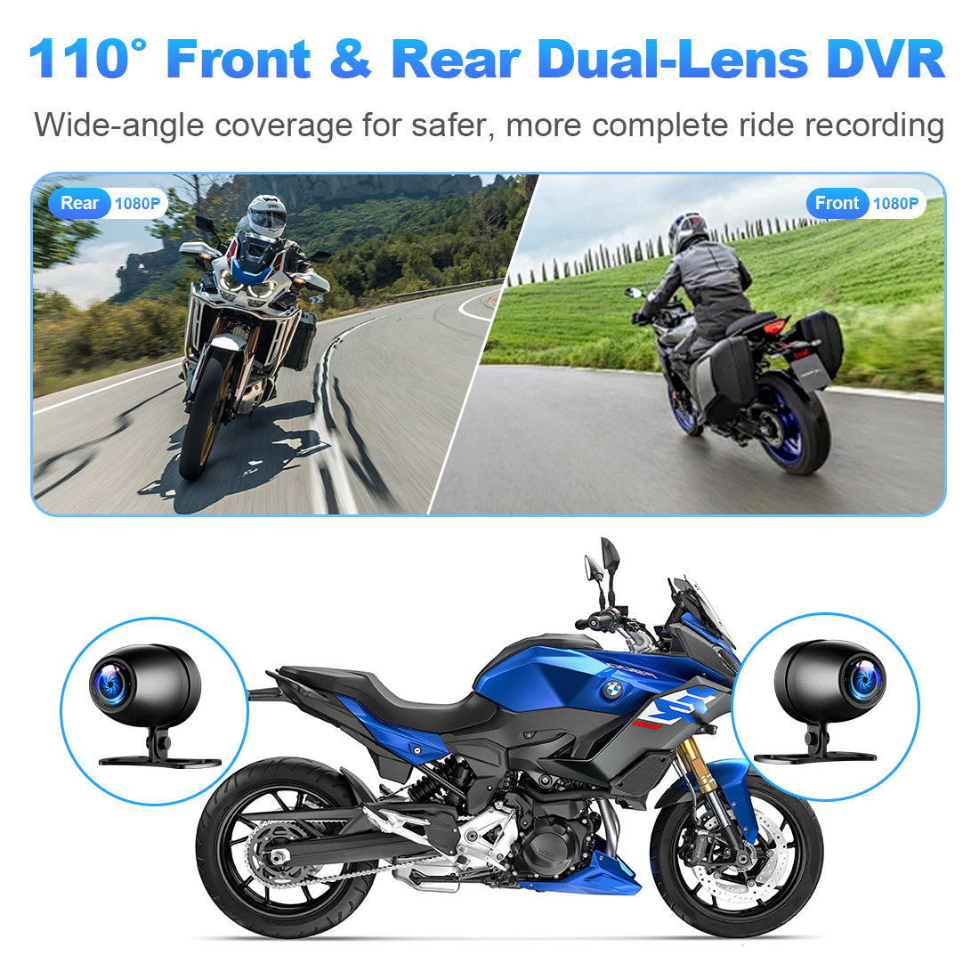 Motorcycle display with built-in front and rear 1080P DVR dash cams featuring 110-degree wide-angle video recording for road safety and riding footage