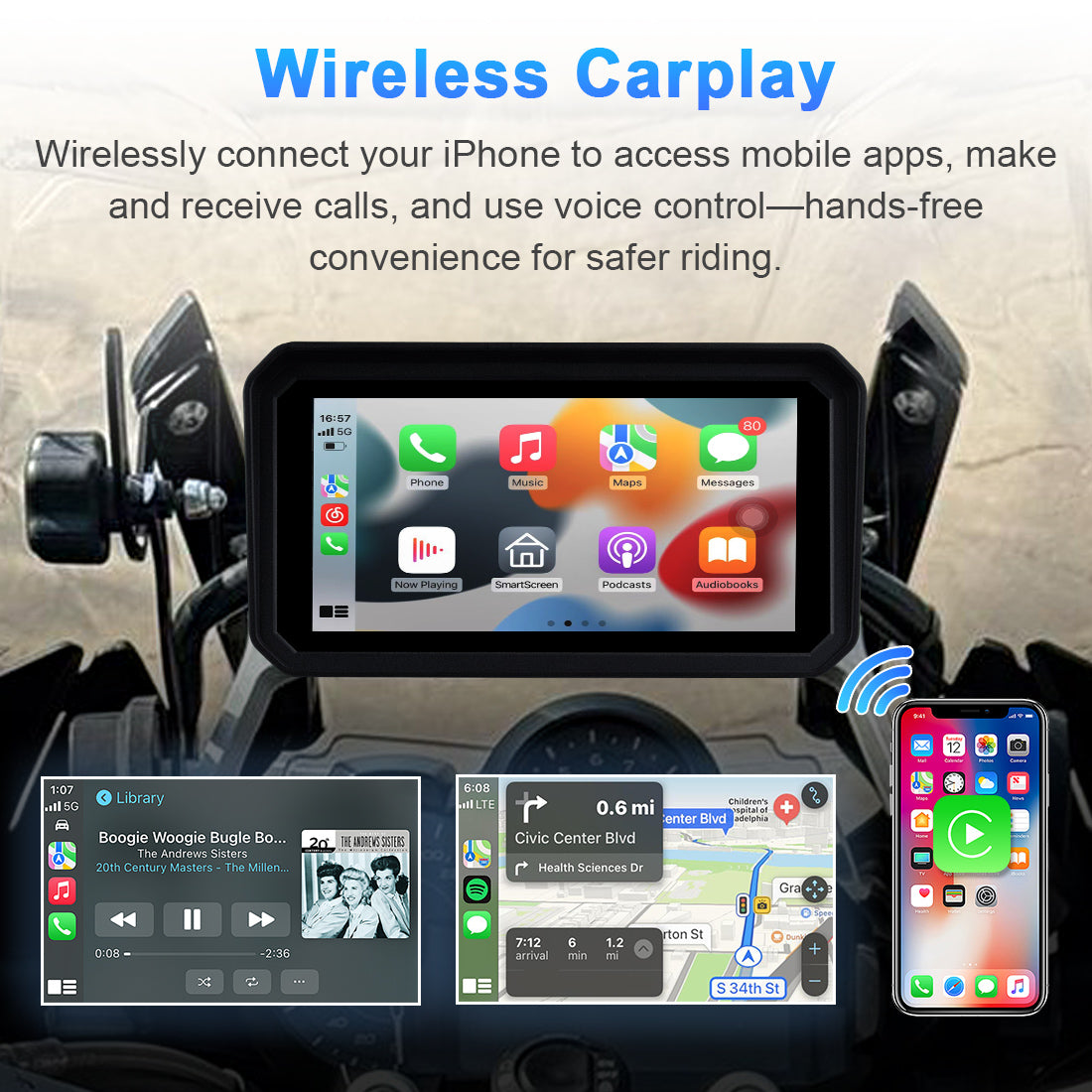 Motorcycle navigation screen with wireless Apple CarPlay support for iPhone users, enabling GPS, music, and Siri control