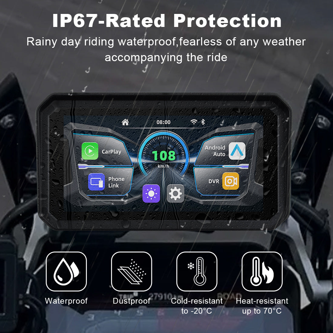 Motorcycle navigation screen with IP67 waterproof and dustproof rating for reliable use in rain, mud, and extreme weather conditions