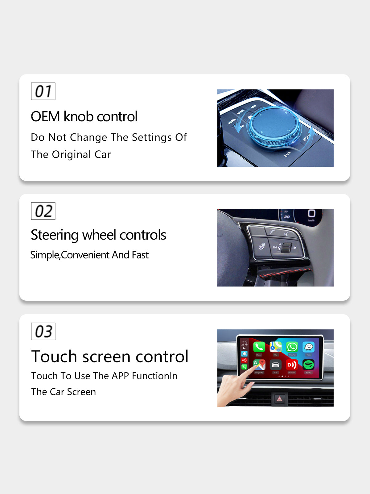 Linkifun S3 adapter integrated with car's original controls including touchscreen and steering wheel buttons, ensuring familiar and efficient operation.