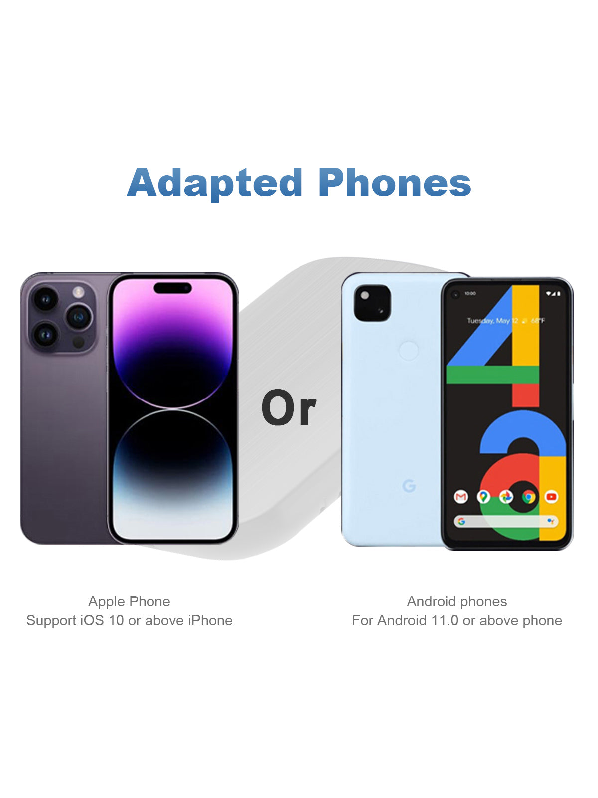 Wireless Carplay and Android Auto adapter showing compatibility with both iOS and Android smartphones for versatile in-car use.