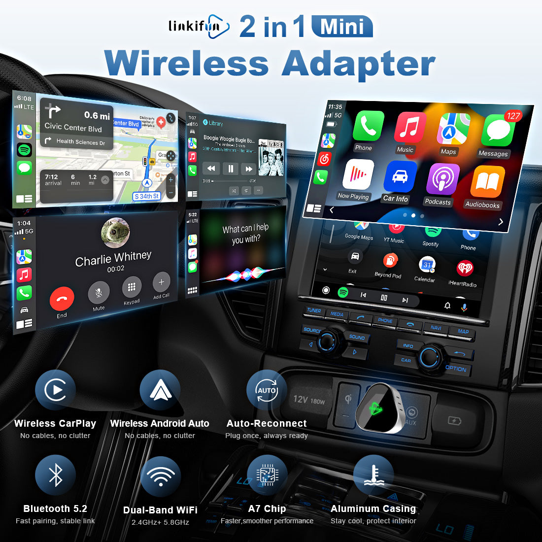 Wireless CarPlay and Android Auto adapter converting wired connection to wireless for clean dashboard and cable-free driving experience