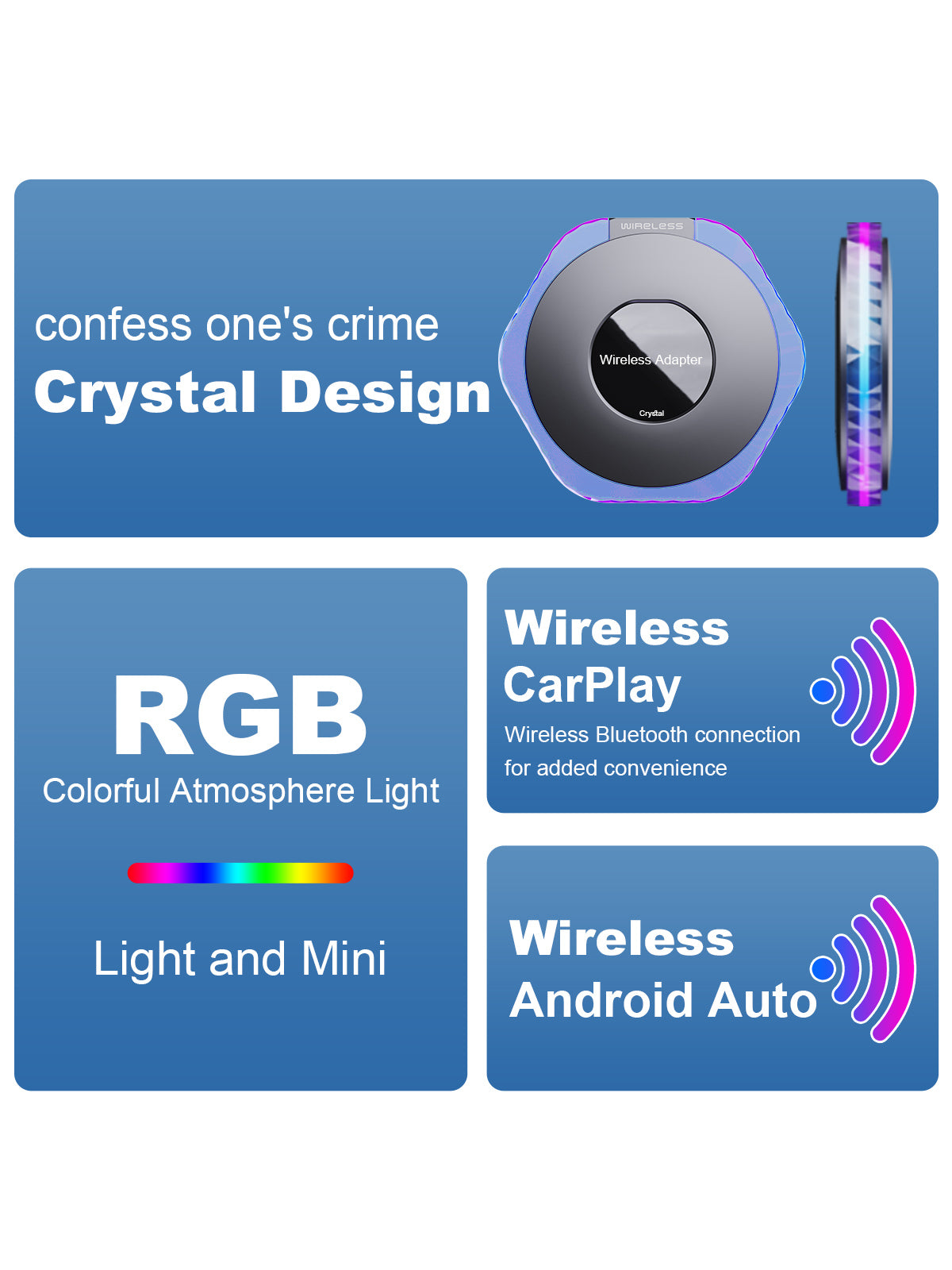 Linkifun Z1 Mini Crystal wireless CarPlay and Android Auto adapter with elegant crystal design, strong compatibility, compact body, and seven-color ambient lighting for a stylish car interior.