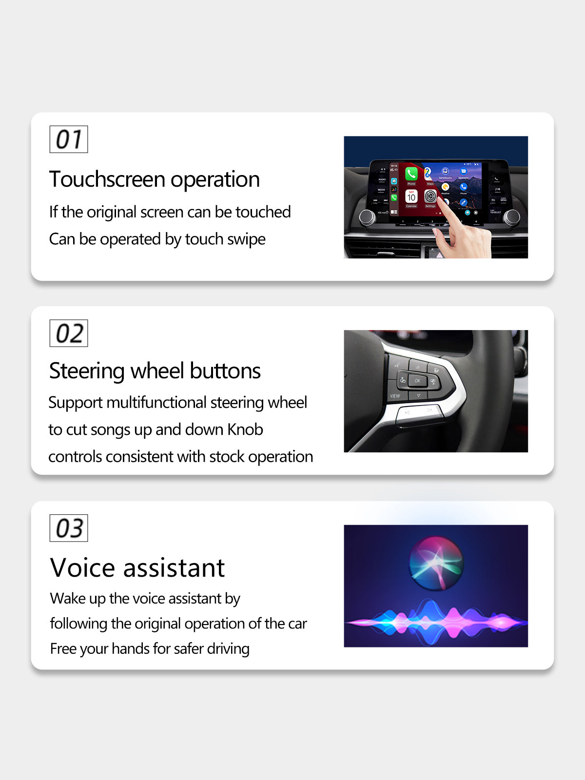 Linkifun Z1 Mini Crystal wireless CarPlay and Android Auto adapter supporting original car controls including touchscreen, steering wheel buttons, and voice assistant for seamless in-car operation.