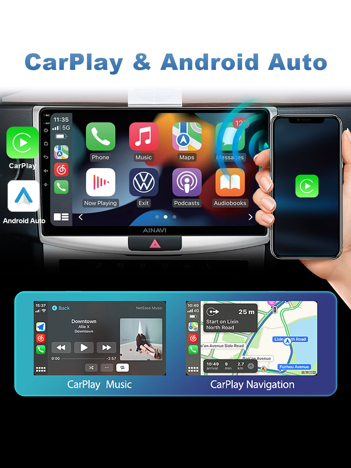 Linkifun Z4 Android 10 Smart AI Box wireless CarPlay and Android Auto adapter showing seamless smartphone connectivity for navigation, music, and hands-free communication.