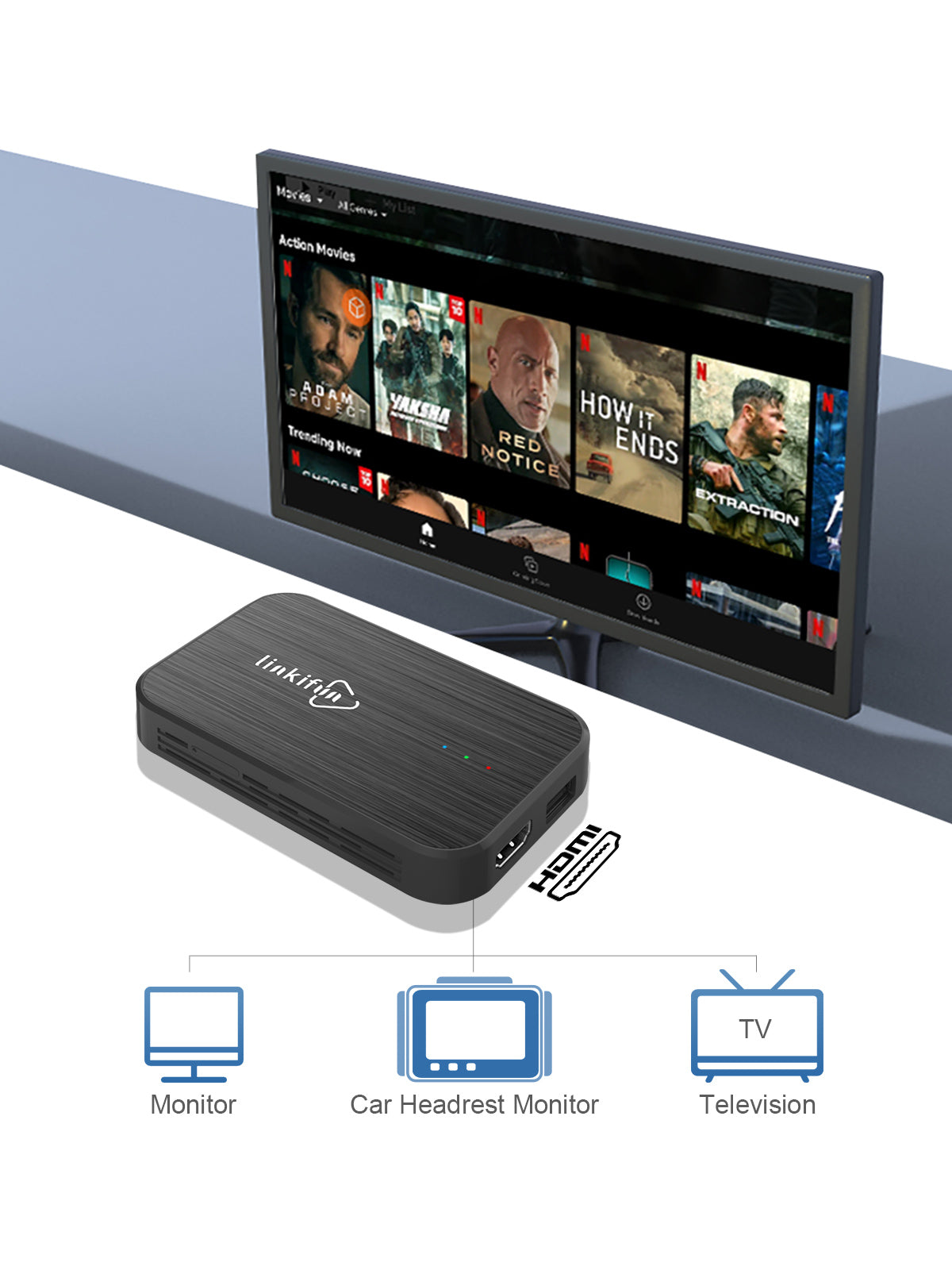 Linkifun Z4 Android 10 Smart AI Box wireless CarPlay and Android Auto adapter with HDMI output for connecting laptops, portable TVs, and gaming consoles to the car’s infotainment screen.