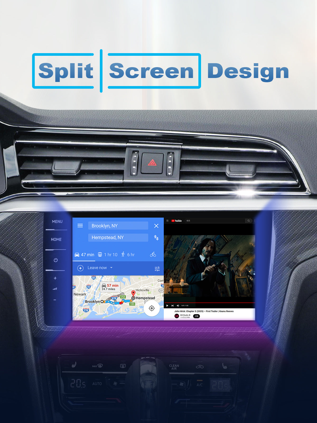 Linkifun Z4 Android 10 Smart AI Box wireless CarPlay and Android Auto adapter with efficient split-screen functionality for running navigation, music, and apps simultaneously on the car display.