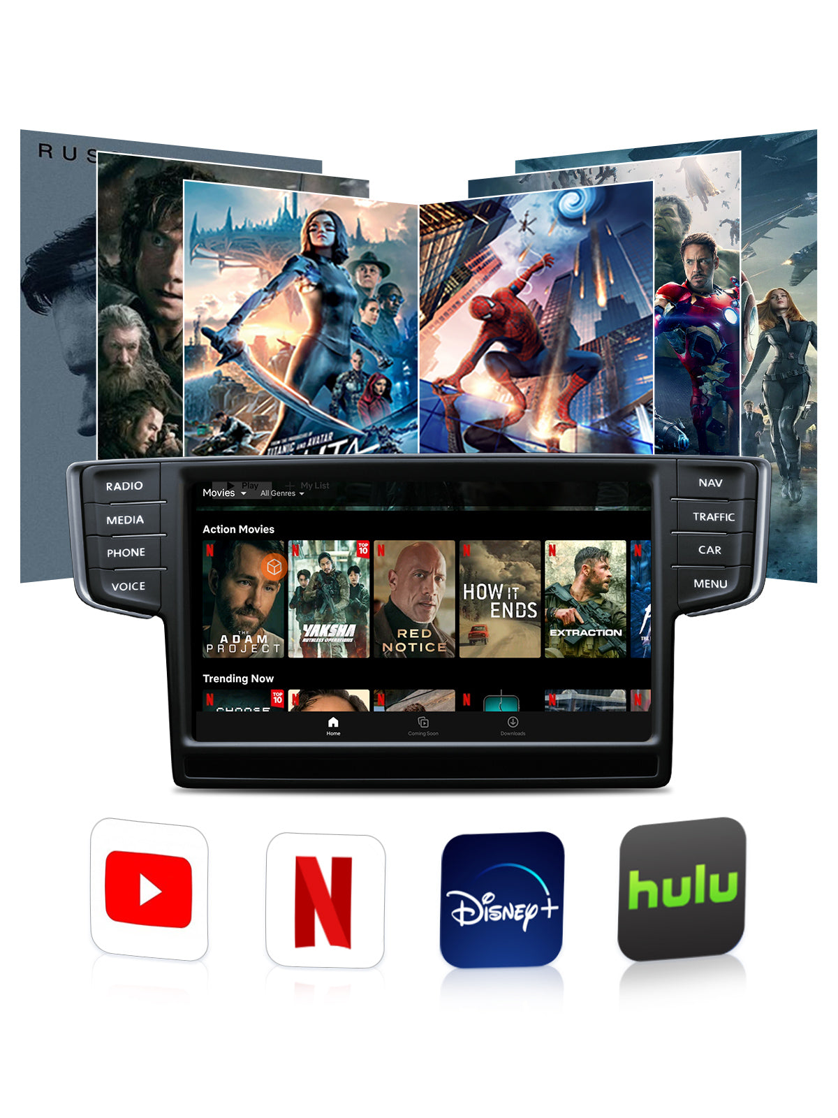 Linkifun Z4 Android 10 Smart AI Box wireless CarPlay and Android Auto adapter with built-in YouTube, Netflix, Disney+, and Hulu for in-car video streaming entertainment.