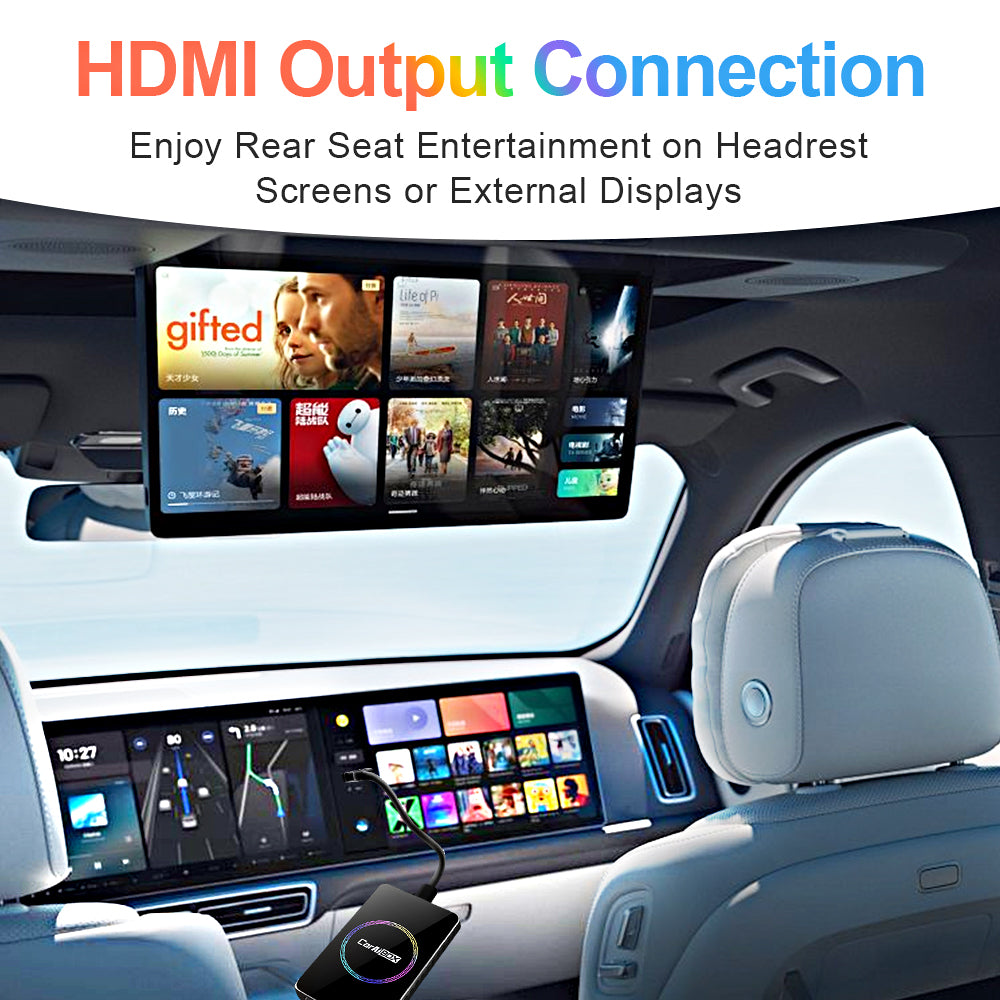 Linkifun C2 RGB AI Box with HDMI output supports rear seat monitors and external screens for multi-display in-car entertainment.