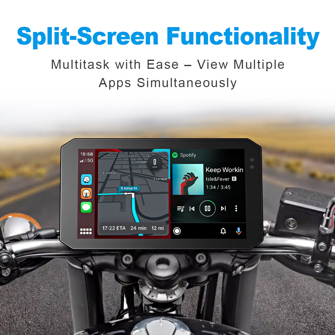 Linkifun M100 split-screen mode shows navigation and music playback simultaneously for safer, distraction-free riding.