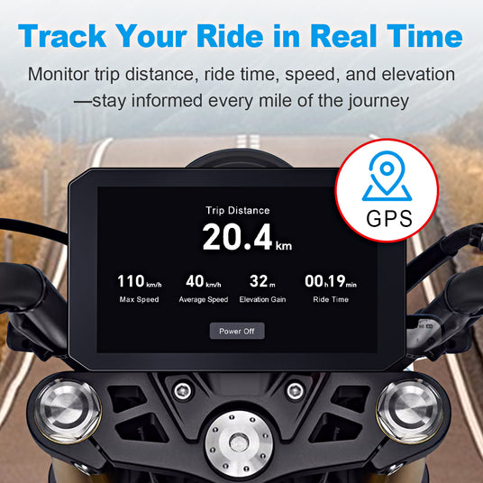 Linkifun M100 features built-in GPS for real-time tracking of trip distance, ride time, speed, and elevation directly on the display.