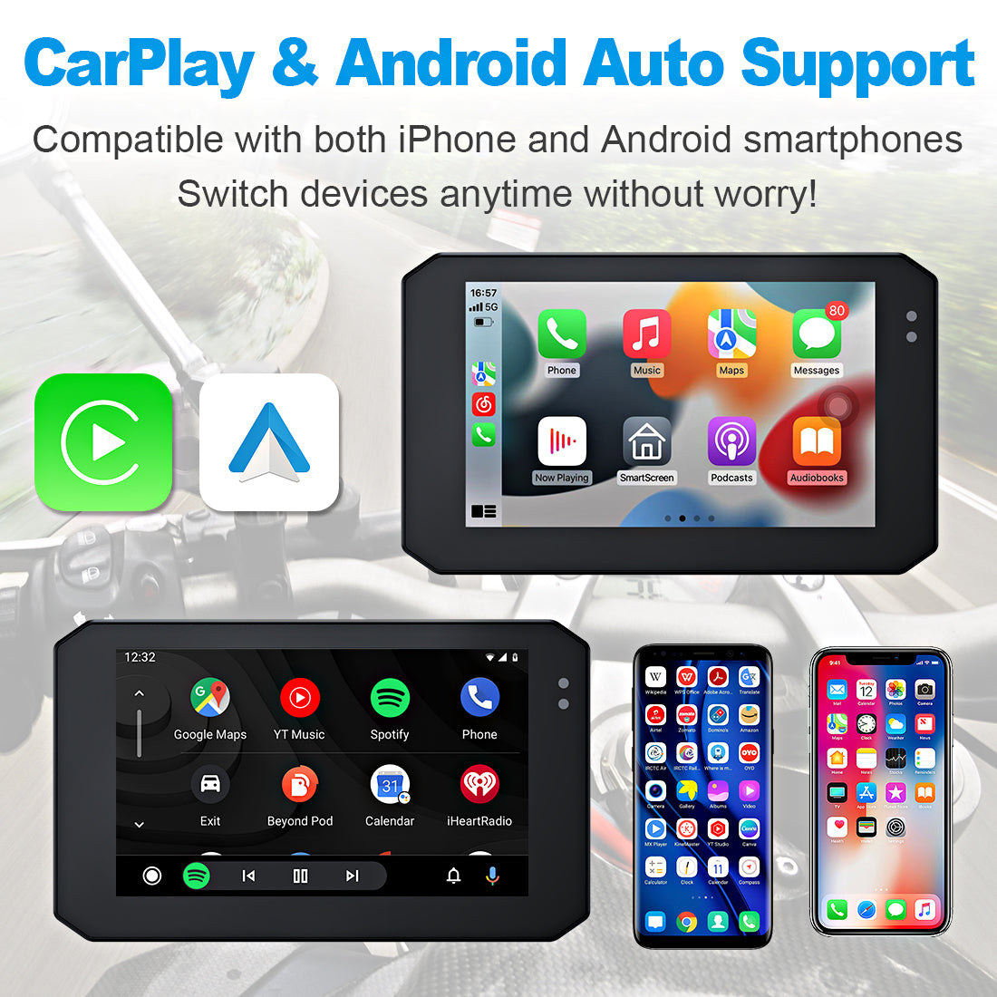 Linkifun M100 supports wireless CarPlay and Android Auto for hands-free navigation, music, and calls on a 5-inch motorcycle display.