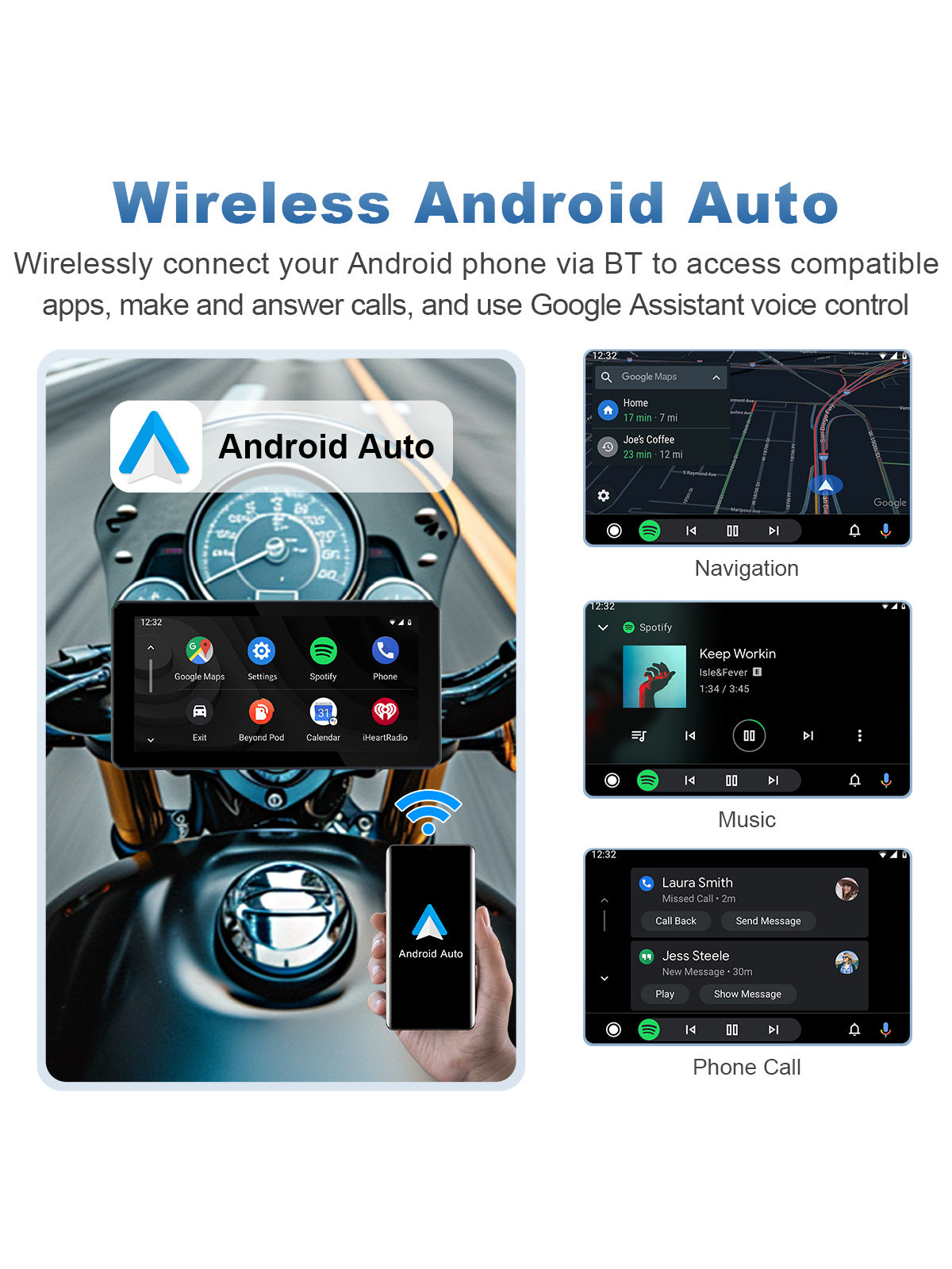 Linkifun MT6 motorcycle navigation screen with wireless Android Auto, Google Assistant, and portrait landscape mode