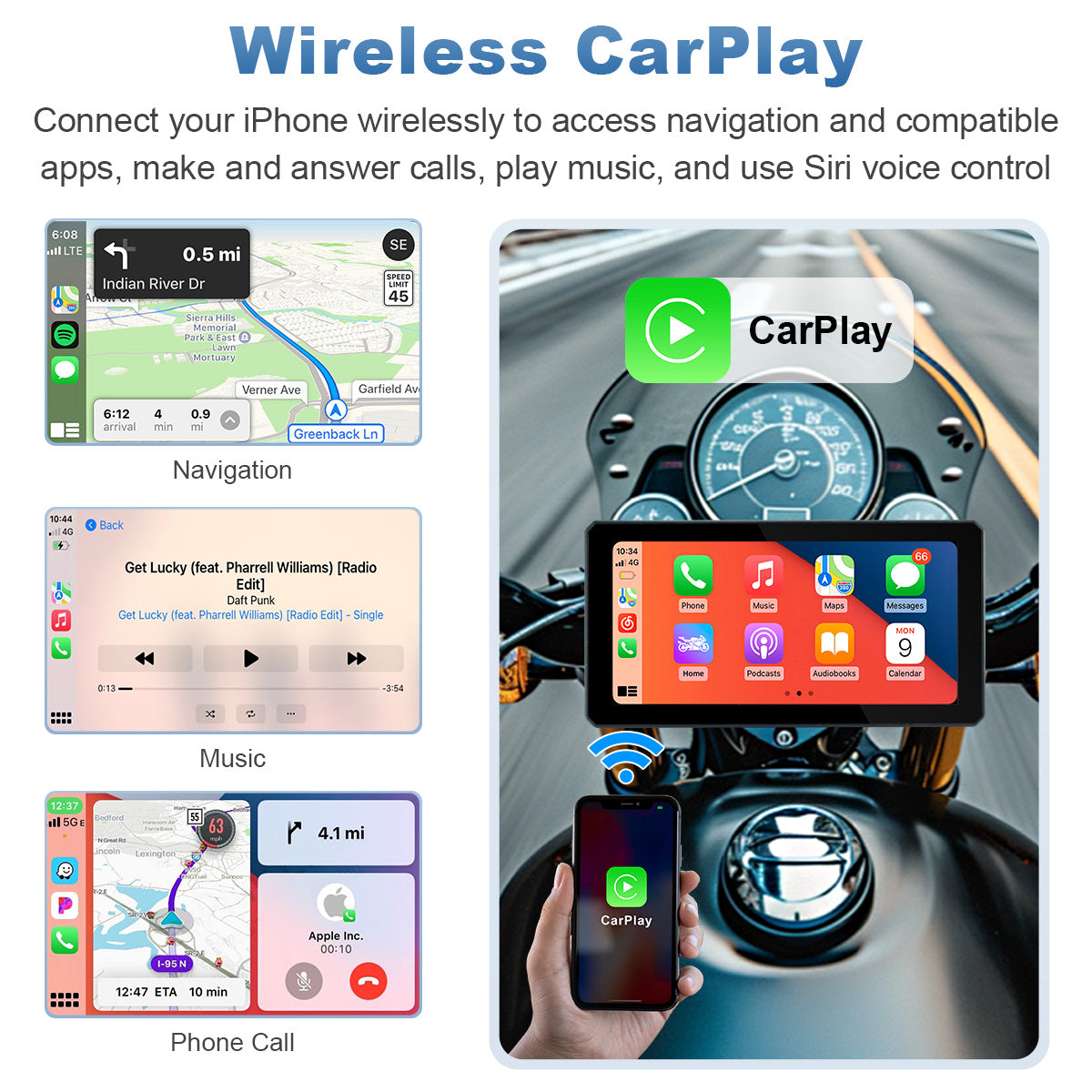Linkifun™ MT6 6" Motorcycle Navigation Screen with Wireless CarPlay & Android Auto, GPS Navigation, Bluetooth 4.2 & Optional TPMS