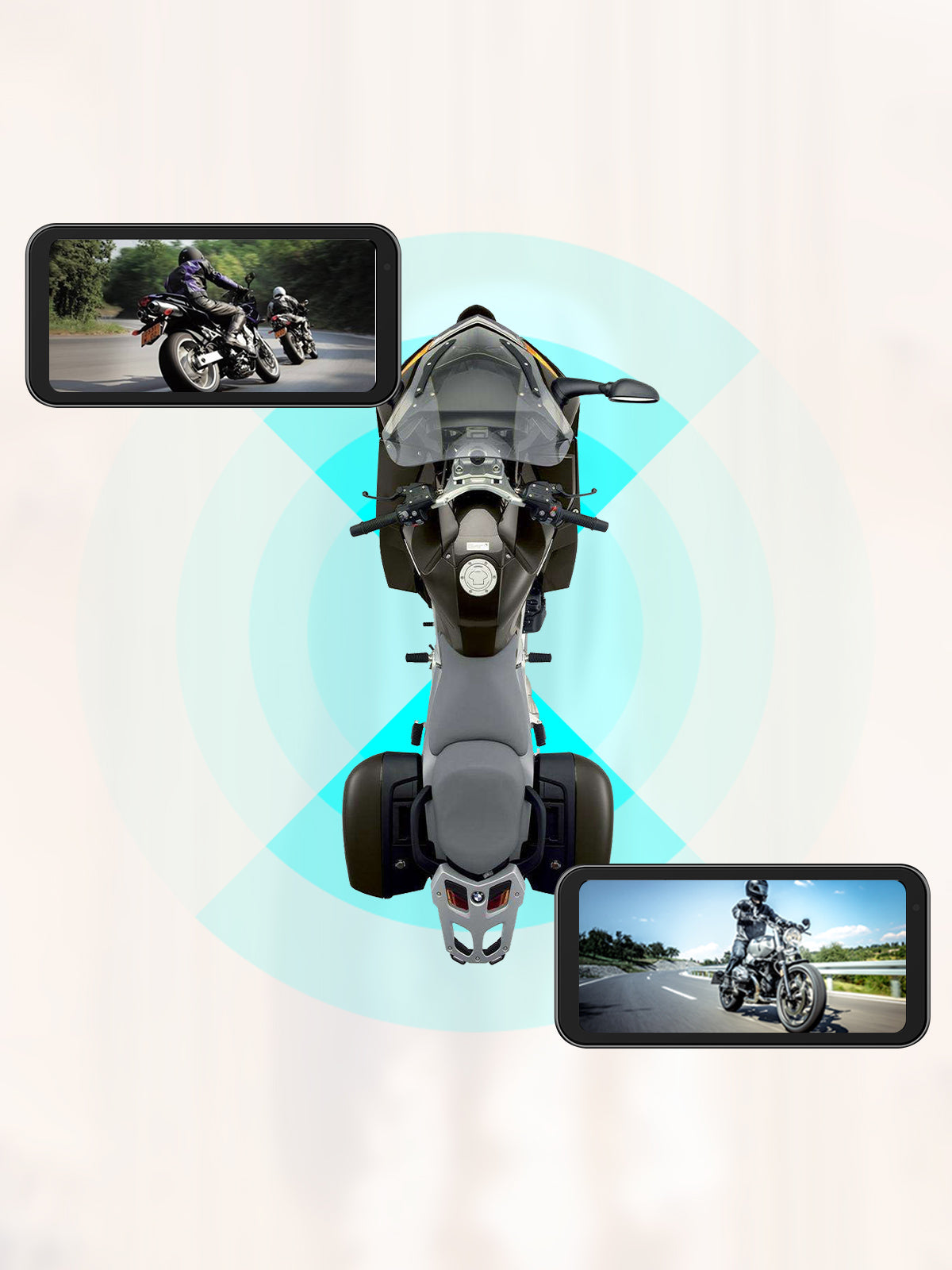 Motorcycle dash cam with dual HD 1080P IMX307 lenses, allowing live rear view and broad view perspectives.