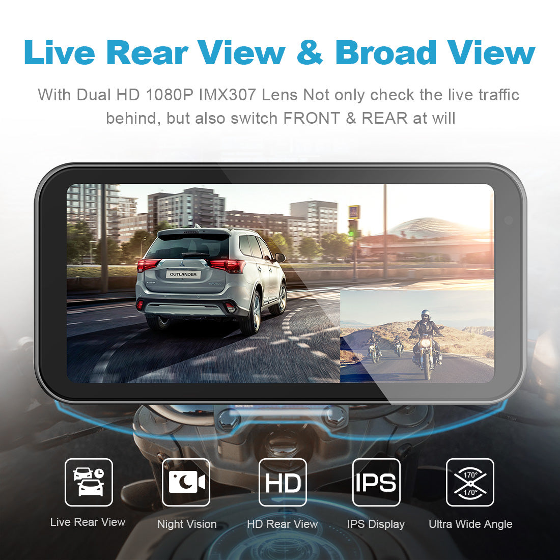 Linkifun™ MT21688 Portable Motorcycle Dash Cam with Wireless CarPlay/Android Auto, 6.86" Touch Screen, Dual Cameras, IP67 Waterproof & Dustproof, HD 1080p