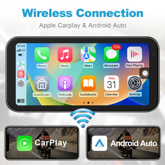 Motorcycle dash cam featuring easy-to-use wireless CarPlay and Android Auto for hands-free navigation and entertainment.