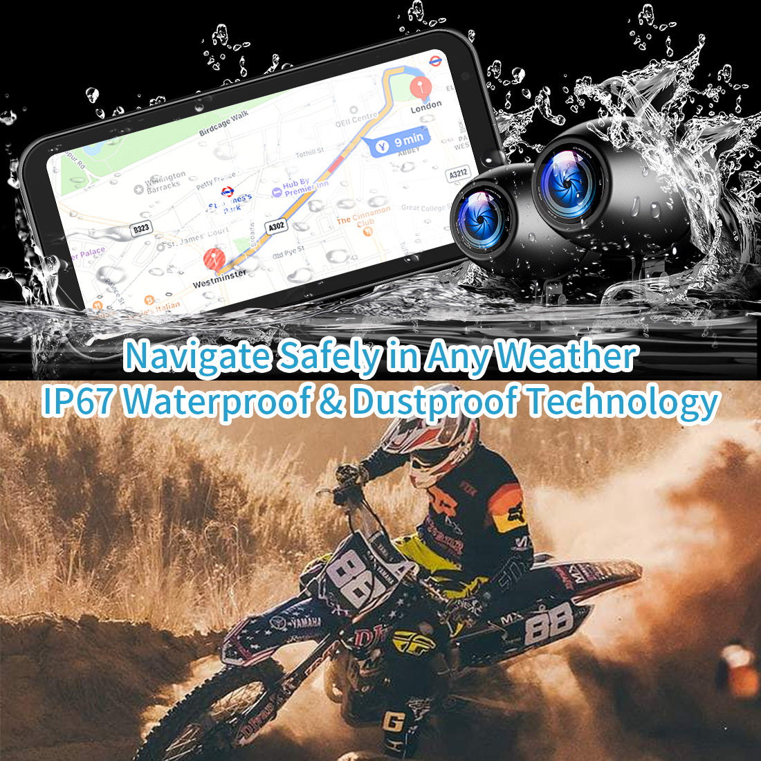 Linkifun™ MT21688 Portable Motorcycle Dash Cam with Wireless CarPlay/Android Auto, 6.86" Touch Screen, Dual Cameras, IP67 Waterproof & Dustproof, HD 1080p