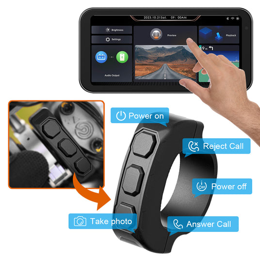 Wired remote control for motorcycle dash cam mounted on a handlebar, enabling glove-friendly operation for safer riding.