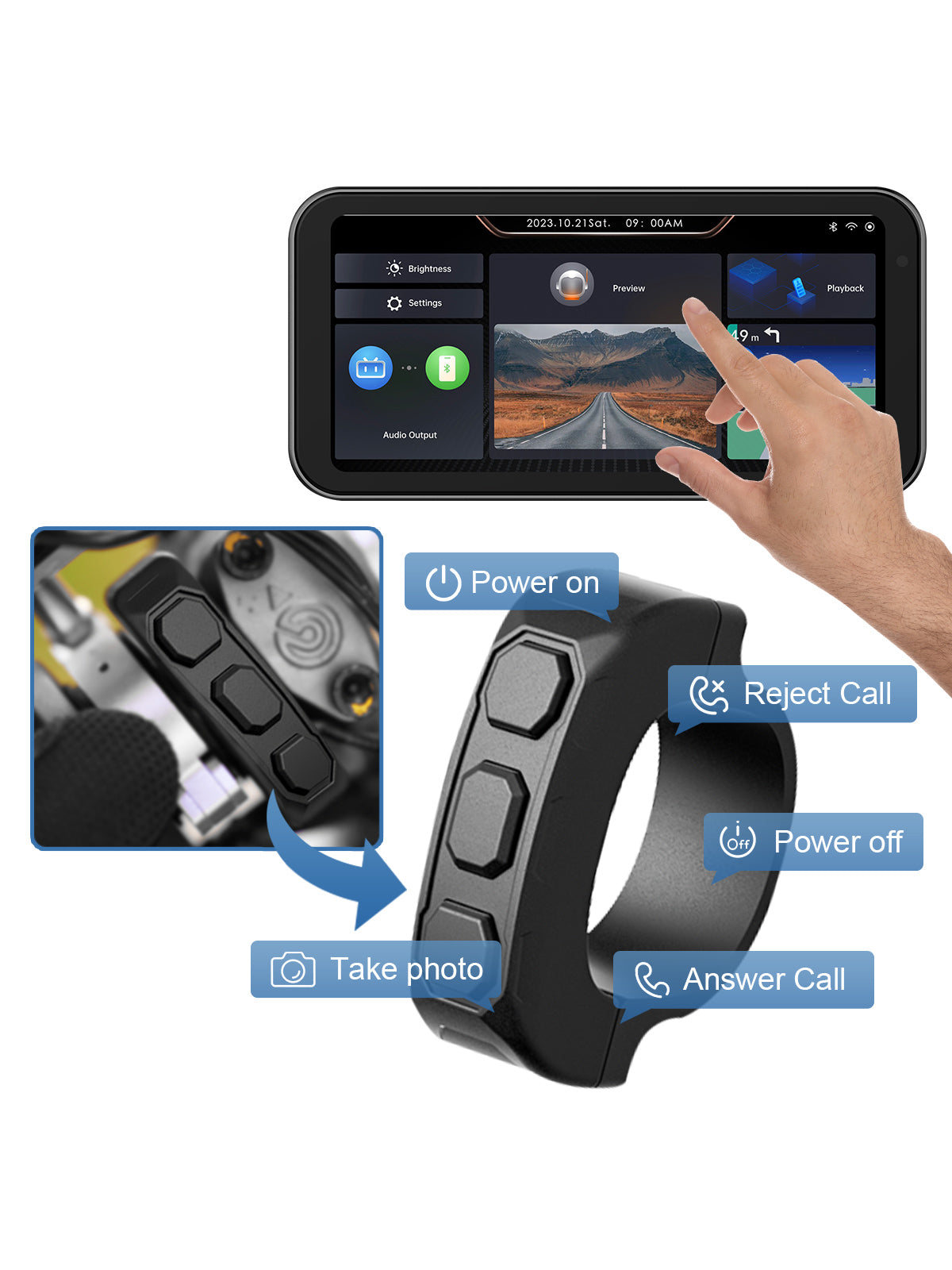 Wired remote control for motorcycle dash cam mounted on a handlebar, enabling glove-friendly operation for safer riding.