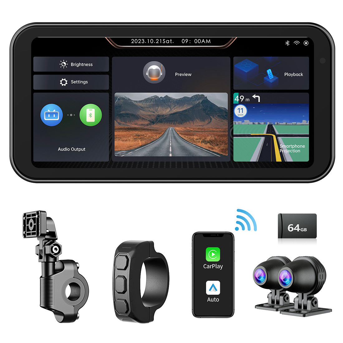 Linkifun™ MT21688 Portable Motorcycle Dash Cam with Wireless CarPlay/Android Auto, 6.86" Touch Screen, Dual Cameras, IP67 Waterproof & Dustproof, HD 1080p