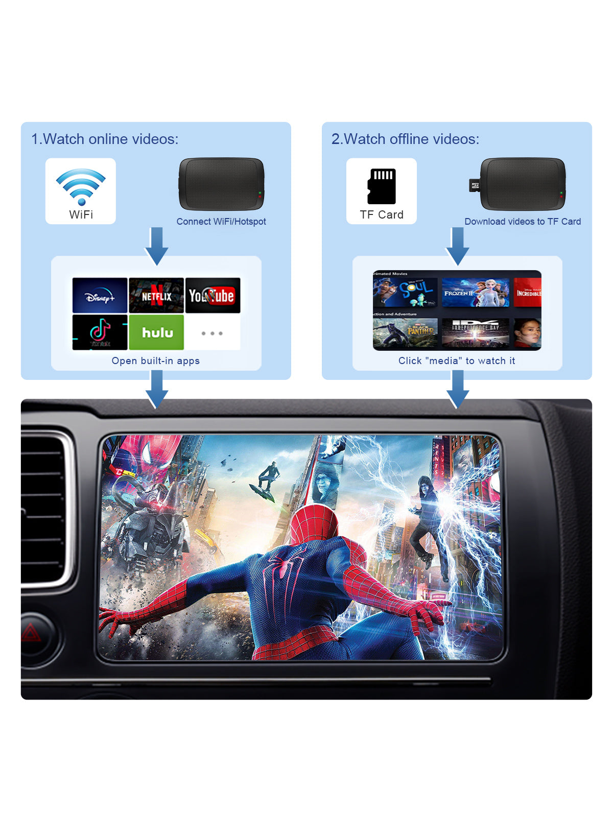 Car's display screen showing icons of pre-installed apps like YouTube, Netflix, Disney+, TikTok, and Hulu on the G4 Android 11 Smart AI Box, signifying a diverse entertainment selection.