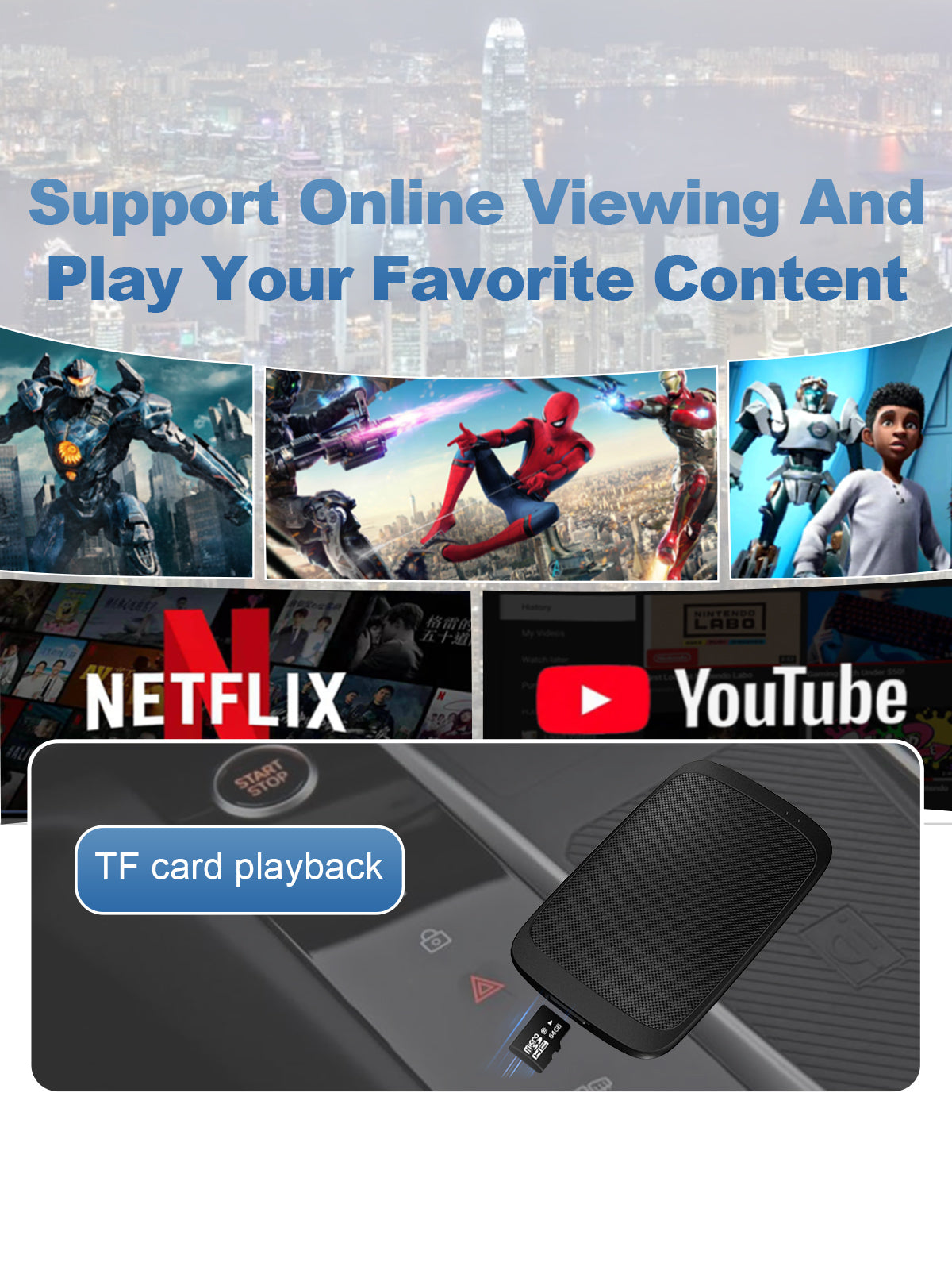 Car dashboard screen showing a movie playing from a TF card inserted into the G4 Android 11 Smart AI Box, enhancing in-car entertainment.